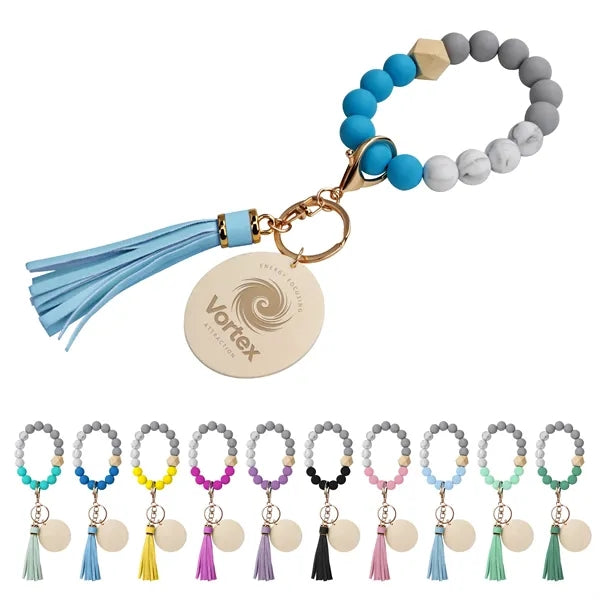 Silicone Bead Bracelet Keychain Wristlet Key Ring W/Tassel