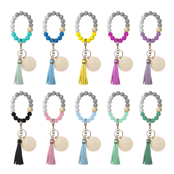 Silicone Bead Bracelet Keychain Wristlet Key Ring W/Tassel