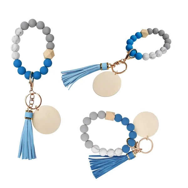 Silicone Bead Bracelet Keychain Wristlet Key Ring W/Tassel