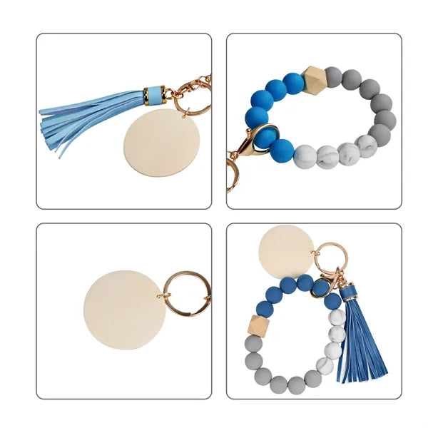 Silicone Bead Bracelet Keychain Wristlet Key Ring W/Tassel