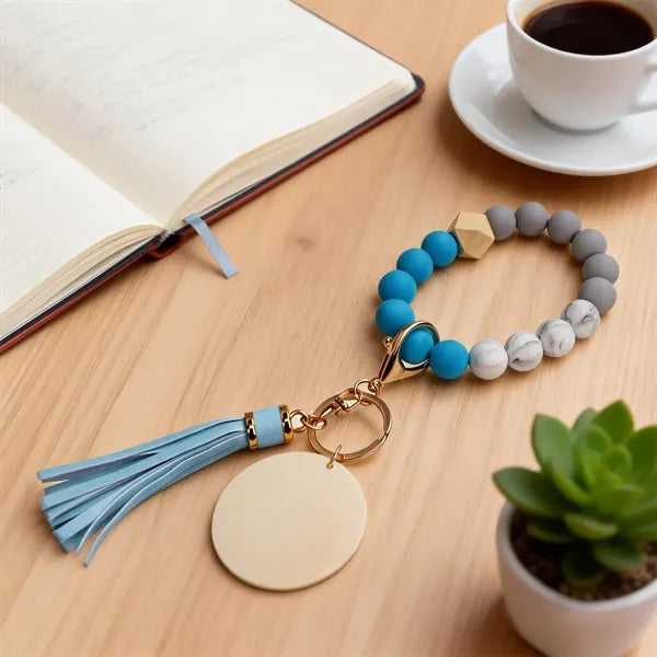 Silicone Bead Bracelet Keychain Wristlet Key Ring W/Tassel