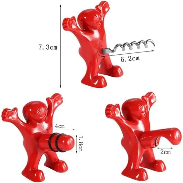 3pcs Funny Red Man Wine & Beer Opener Set Novelty Corkscrew