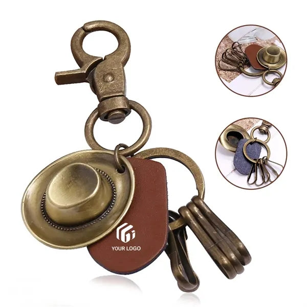Retro metal keychain clip holder vintage cowboy hat key ring