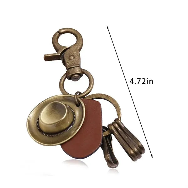Retro metal keychain clip holder vintage cowboy hat key ring