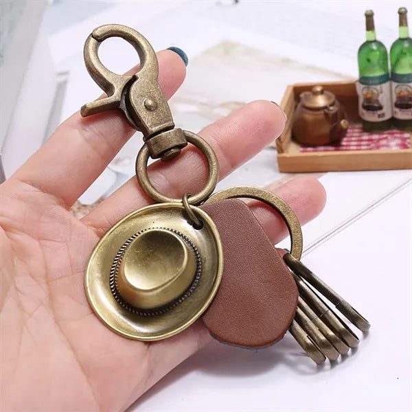 Retro metal keychain clip holder vintage cowboy hat key ring