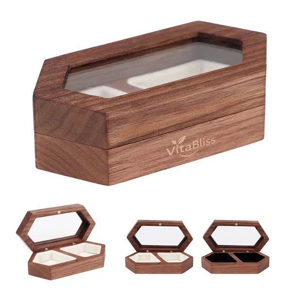 2 Slots Wooden Ring Box For Wedding W/ Clear Window