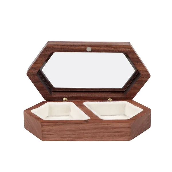 2 Slots Wooden Ring Box For Wedding W/ Clear Window
