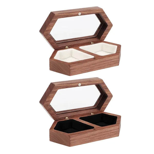 2 Slots Wooden Ring Box For Wedding W/ Clear Window