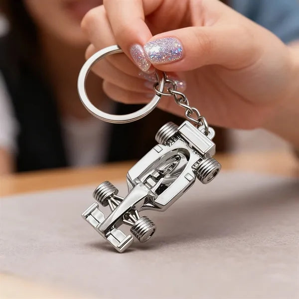 Silver-plated metal 3D car F1 racing keychain pendant