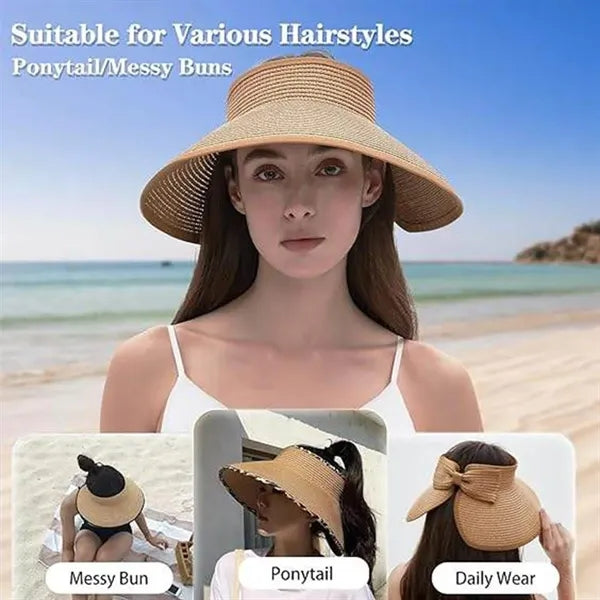 Women Wide Brim Roll-Up Foldable Straw Visor Sun Hat
