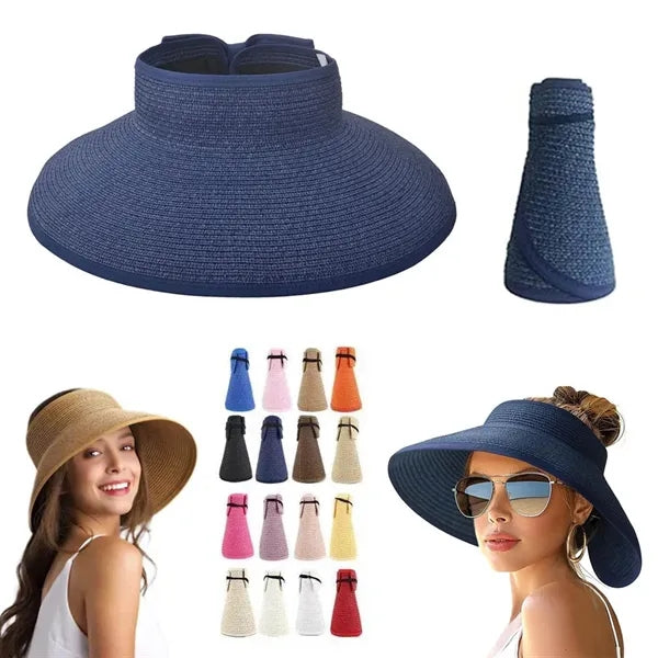 Women Wide Brim Roll-Up Foldable Straw Visor Sun Hat