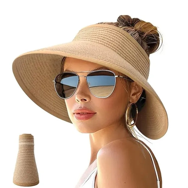 Women Wide Brim Roll-Up Foldable Straw Visor Sun Hat