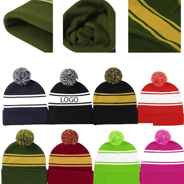 Hand-Knitted Winter Pompom Beanie Hat Cap