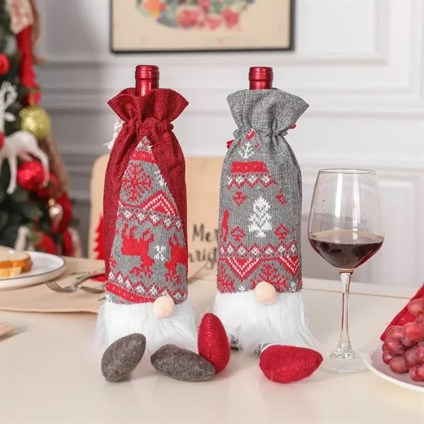 Christmas Decor Santa Gnome Wine Bottle Cover Drawstring Bag