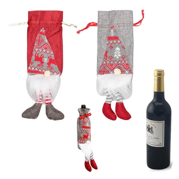 Christmas Decor Santa Gnome Wine Bottle Cover Drawstring Bag
