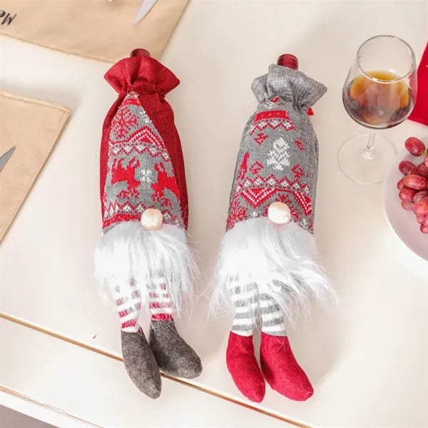 Christmas Decor Santa Gnome Wine Bottle Cover Drawstring Bag