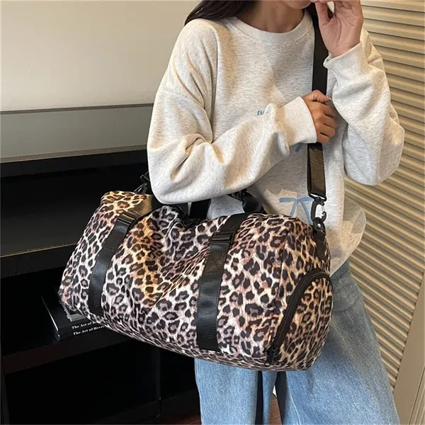 Women Leopard Print Duffle Bag Wet Dry Separation Travel