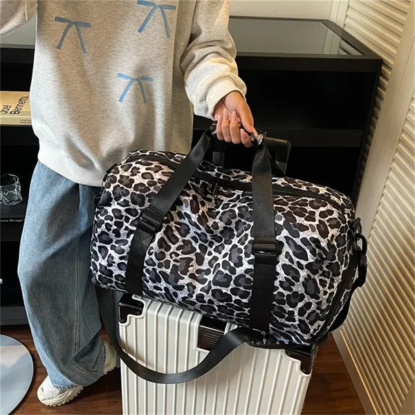 Women Leopard Print Duffle Bag Wet Dry Separation Travel