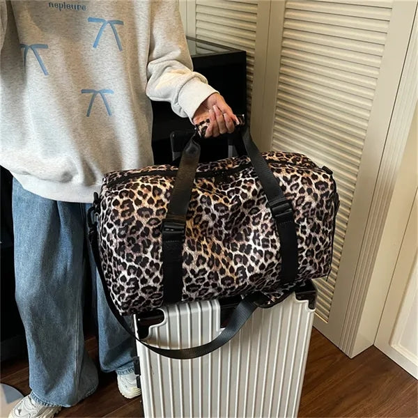 Women Leopard Print Duffle Bag Wet Dry Separation Travel