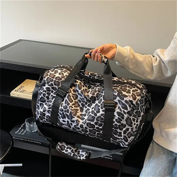 Women Leopard Print Duffle Bag Wet Dry Separation Travel
