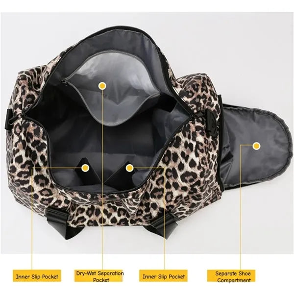 Women Leopard Print Duffle Bag Wet Dry Separation Travel