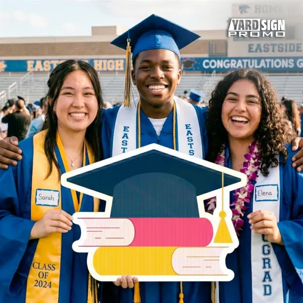12x18 Custom Outdoor Graduation Hat and Books Die-Cut Signs
