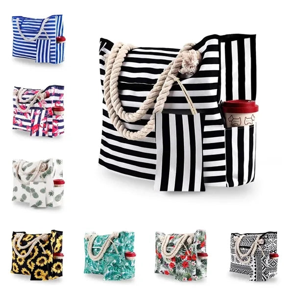 Beach Tote Bag with Pouch Cup Holder for Summer Vacation