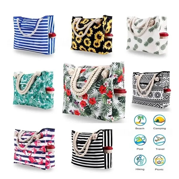 Beach Tote Bag with Pouch Cup Holder for Summer Vacation