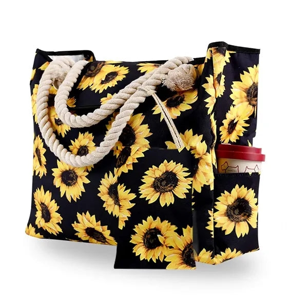 Beach Tote Bag with Pouch Cup Holder for Summer Vacation
