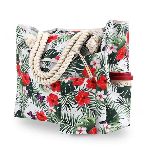 Beach Tote Bag with Pouch Cup Holder for Summer Vacation