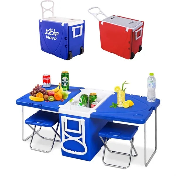Multi Function Outdoor Cooler Picnic Camping Table 2 Chairs