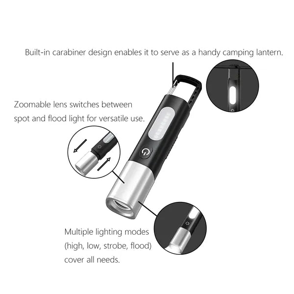 Multi-function outdoor zoomable flashlight with carabiner