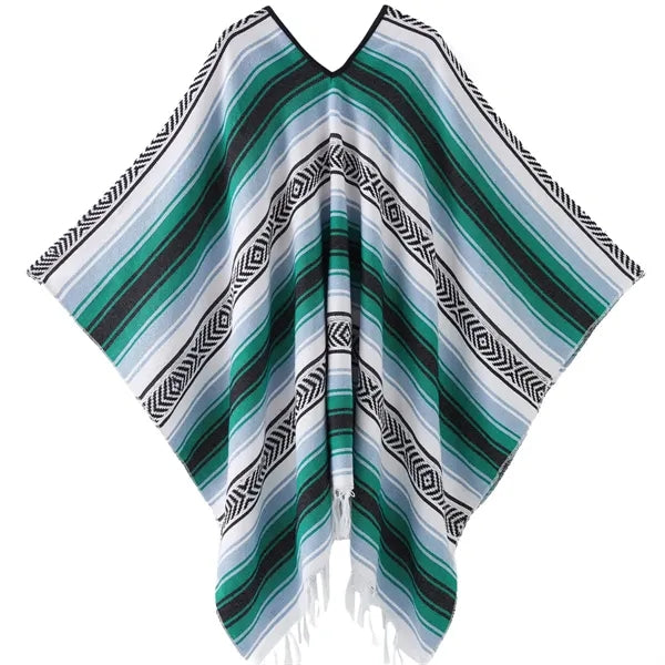 Traditional Mexican Style Serape Poncho - Vibrant Striped V-
