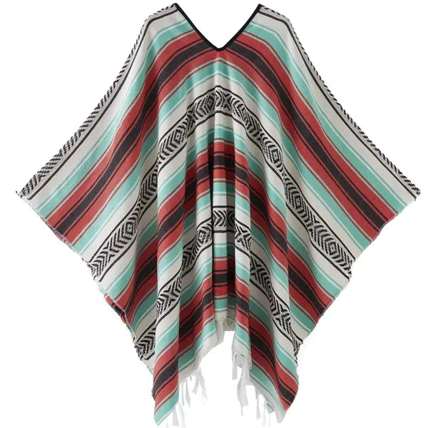 Traditional Mexican Style Serape Poncho - Vibrant Striped V-