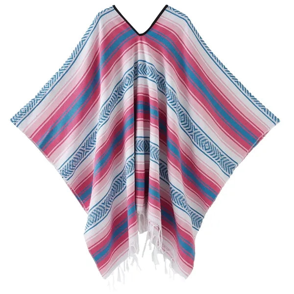 Traditional Mexican Style Serape Poncho - Vibrant Striped V-