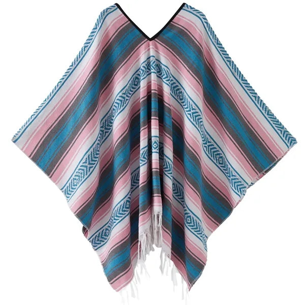 Traditional Mexican Style Serape Poncho - Vibrant Striped V-