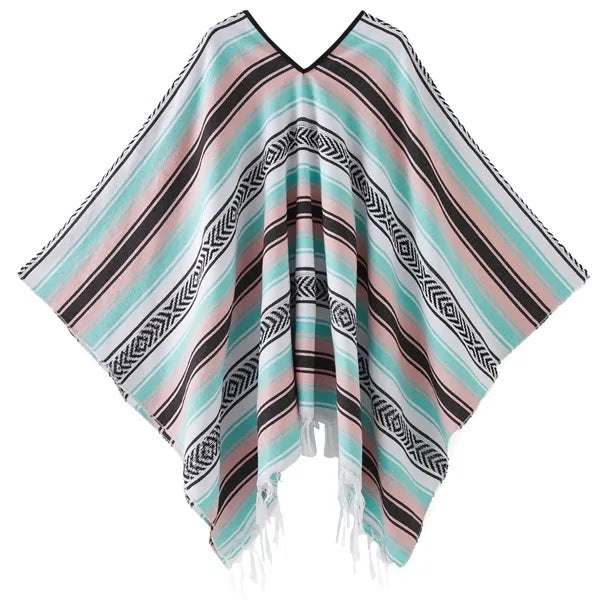 Traditional Mexican Style Serape Poncho - Vibrant Striped V-