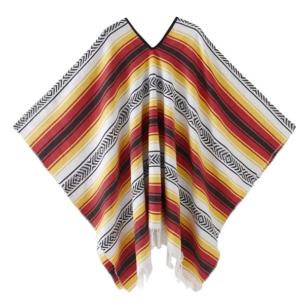 Traditional Mexican Style Serape Poncho - Vibrant Striped V-