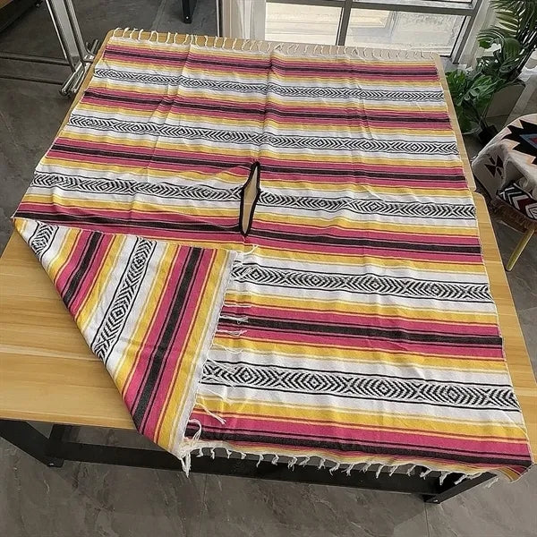 Traditional Mexican Style Serape Poncho - Vibrant Striped V-