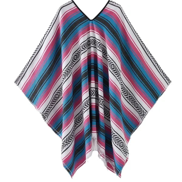 Traditional Mexican Style Serape Poncho - Vibrant Striped V-