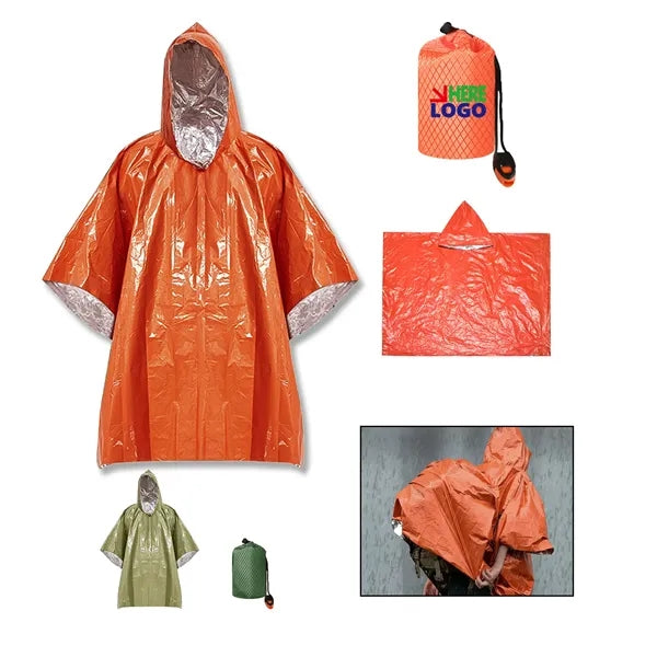 Outdoor thermal PE poncho with drawstring bag & whistle