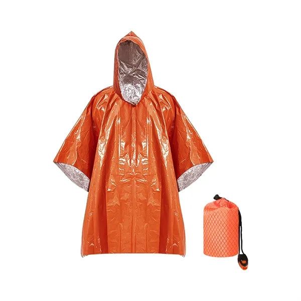 Outdoor thermal PE poncho with drawstring bag & whistle