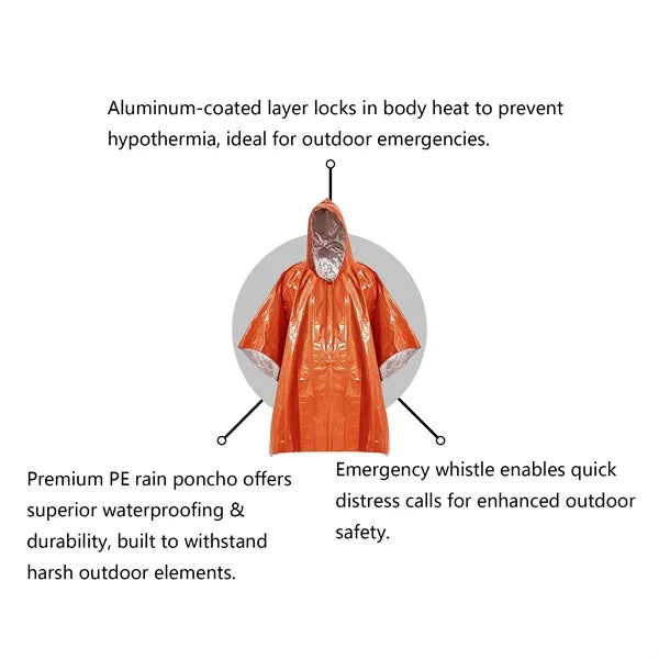 Outdoor thermal PE poncho with drawstring bag & whistle