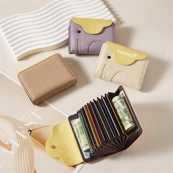 Elephant Design Top-Grain Leather Accordion Card Wallet
