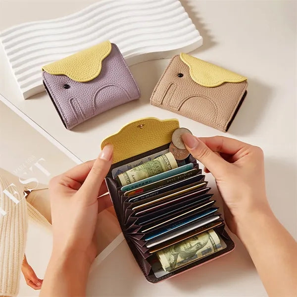 Elephant Design Top-Grain Leather Accordion Card Wallet