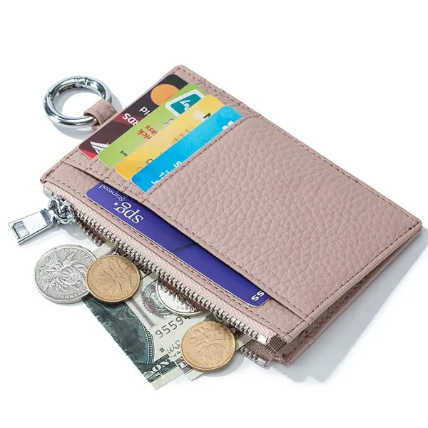 Slim Top-Grain Leather Zipper Card Holder Coin Wallet