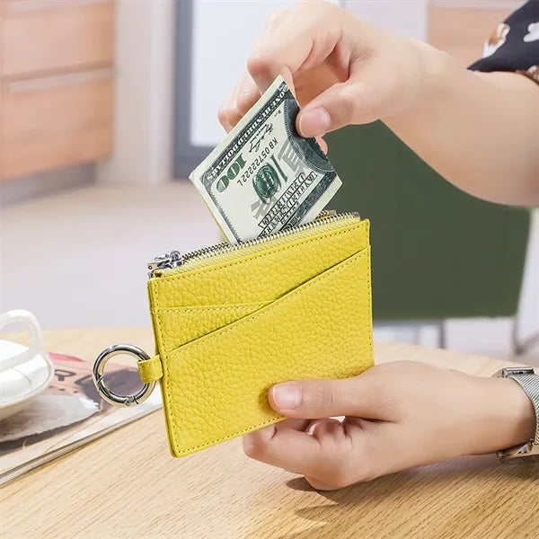 Slim Top-Grain Leather Zipper Card Holder Coin Wallet