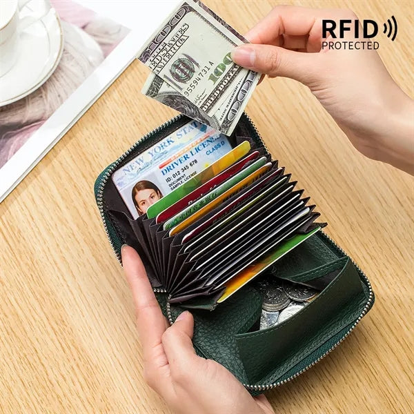 Sleek Top Grain Leather RFID Zip Around Card Wallet
