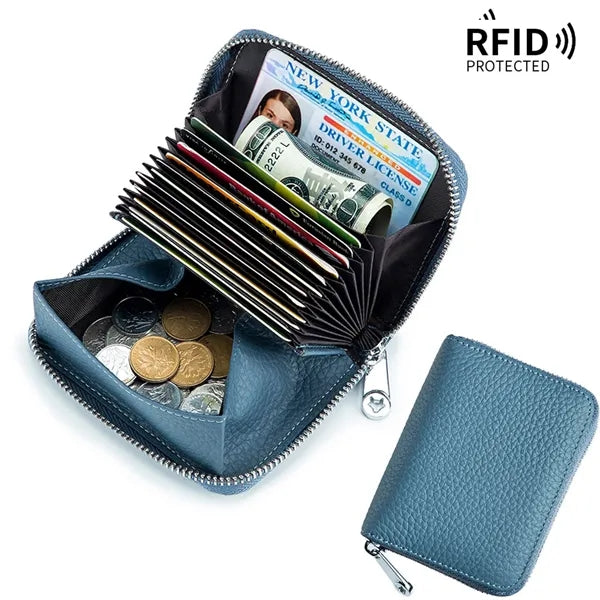 Sleek Top Grain Leather RFID Zip Around Card Wallet
