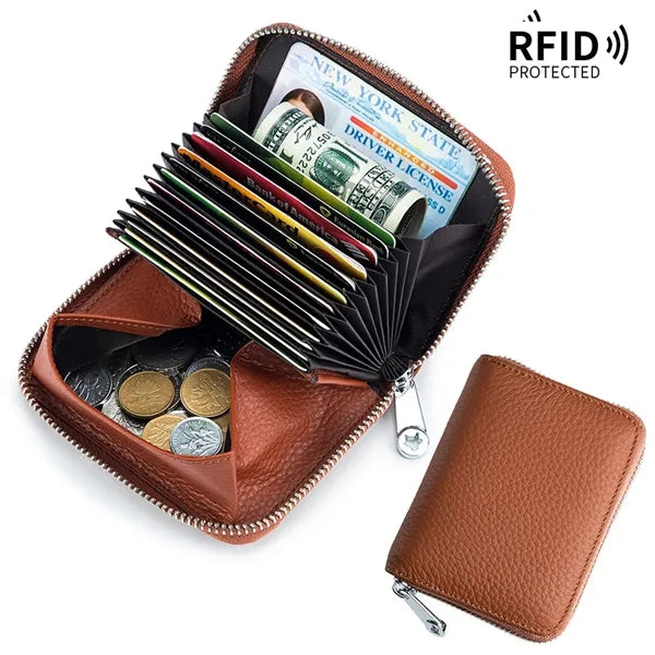 Sleek Top Grain Leather RFID Zip Around Card Wallet